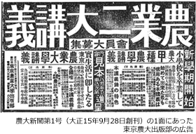 農大新聞第1号（大正15年9月28日創刊）の1面にあった東京農大出版部の広告